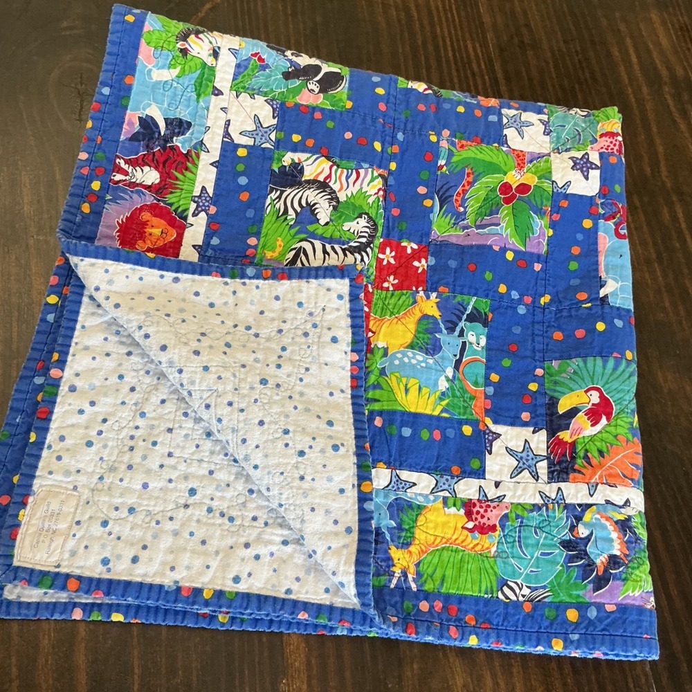 Handmade Jungle Safari Animal Patchwork Baby Quilt Nursery Blue 38x40